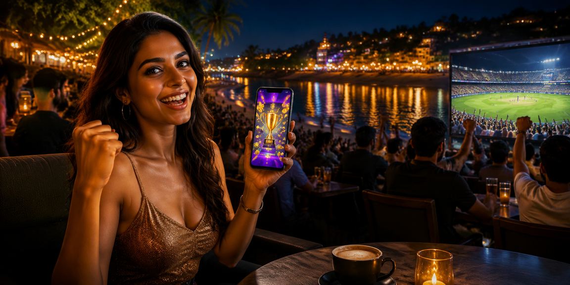 Cricket fans enjoying live betting on beach in Goa with mobile devices